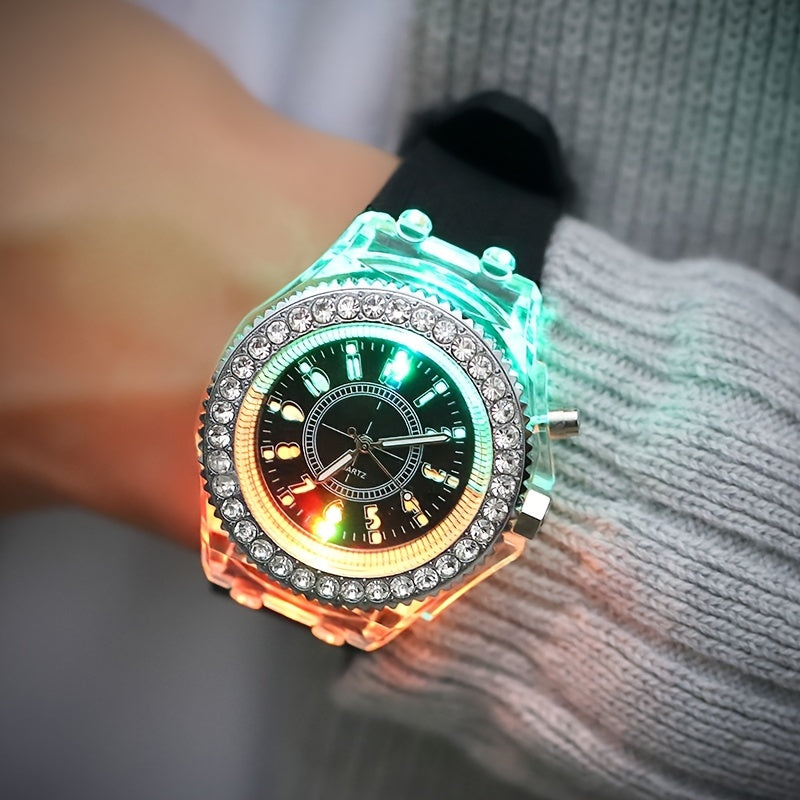 Glow-in-the-Dark LED Trendy Couple'S Watch with Crystal Embellishments, Silicone Strap, and Luminous Display - Perfect for Casual Attire, Casual Watch|Glamorous Timepiece|Polycarbonate Case